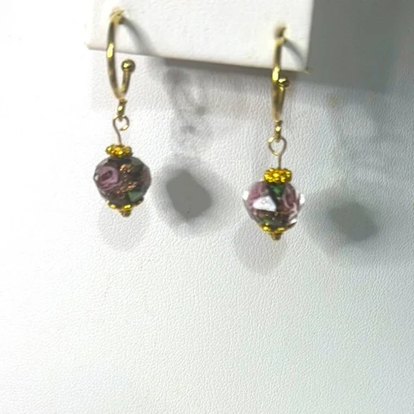 Artisan Purple and Gold Lampwork Necklace with Elegant Inner Flower Design Set - Picture 2 of 5